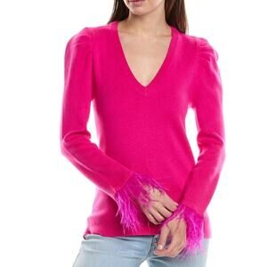 Crosby By Mollie Burch Teddie feather trim sweater puff sleeve hot pink sz XL